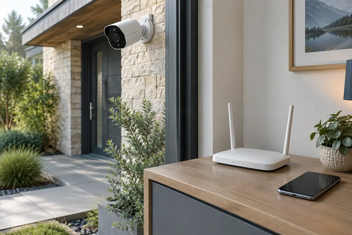 Caméra extérieure près d’une entrée, avec un routeur Wi-Fi et un smartphone posé à proximité