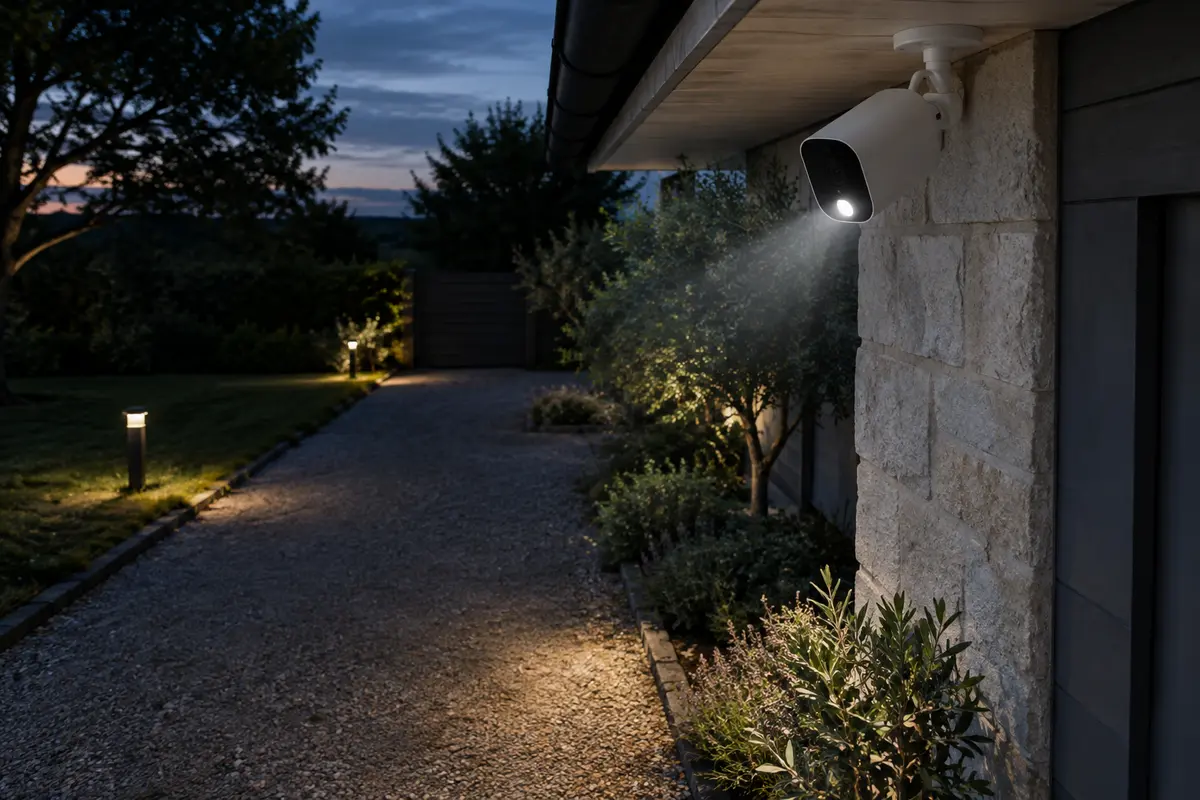 Caméra extérieure sous un avant-toit éclairant une allée de jardin pendant la nuit