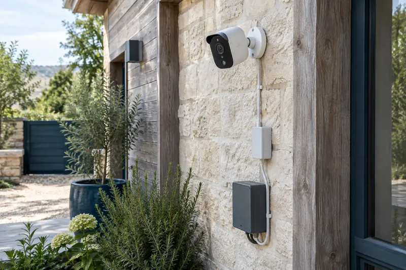 Caméra extérieure et équipements d’installation présentés dans un contexte de surveillance résidentielle.